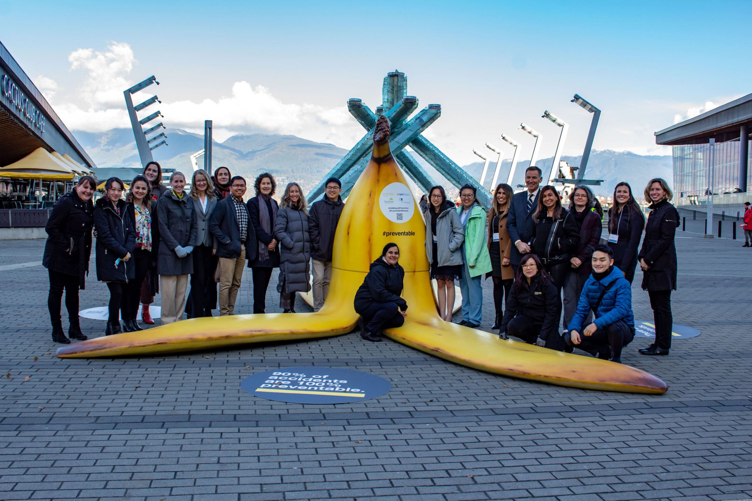The team at the BC Injury Research and Prevention Unit by the Big Banana display in November 2022