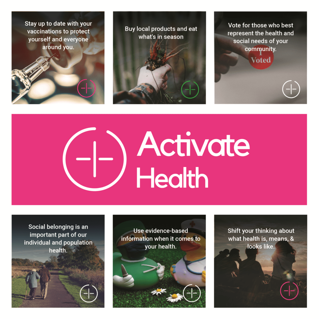 Six examples of the campaign images, with a pink rectangle and "Activate Health" logo in the middle. 