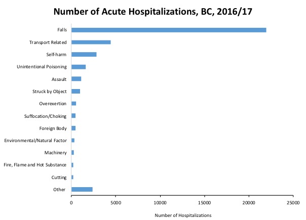 A graph illustrating the number of acute hospitalizations in BC in 2016/17. Falls lead the graph at over 20,000, followed by transport related, self-harm, unintentional poisoning, assault, struck by object, overexertion, suffocation/choking, foreign ody, environmental, machinery, fire, cutting, and other.