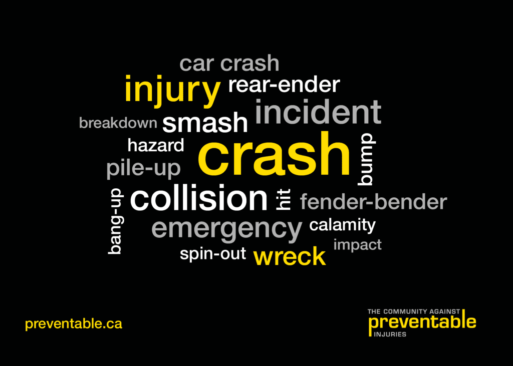 Word cloud of alternate words for "accident", including car crash, injury, crash, collision, wreck, fender-bender, hit, impact, pile-up
